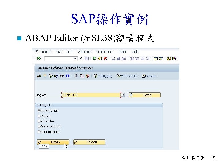 SAP操作實例 n ABAP Editor (/n. SE 38)觀看程式 SAP 楊子青 21 