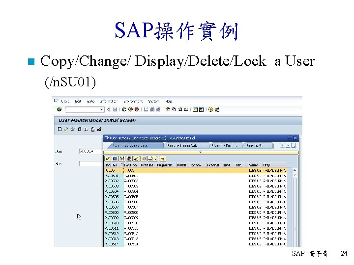 SAP操作實例 n Copy/Change/ Display/Delete/Lock a User (/n. SU 01) SAP 楊子青 24 
