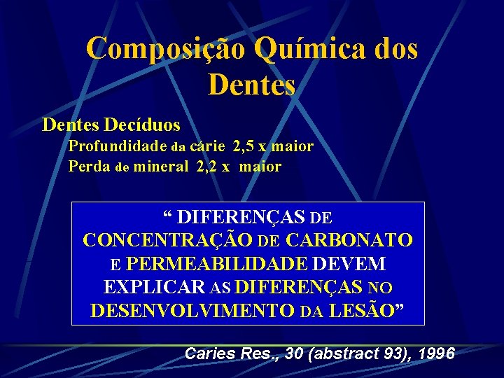 Composição Química dos Dentes Decíduos Profundidade da cárie 2, 5 x maior Perda de