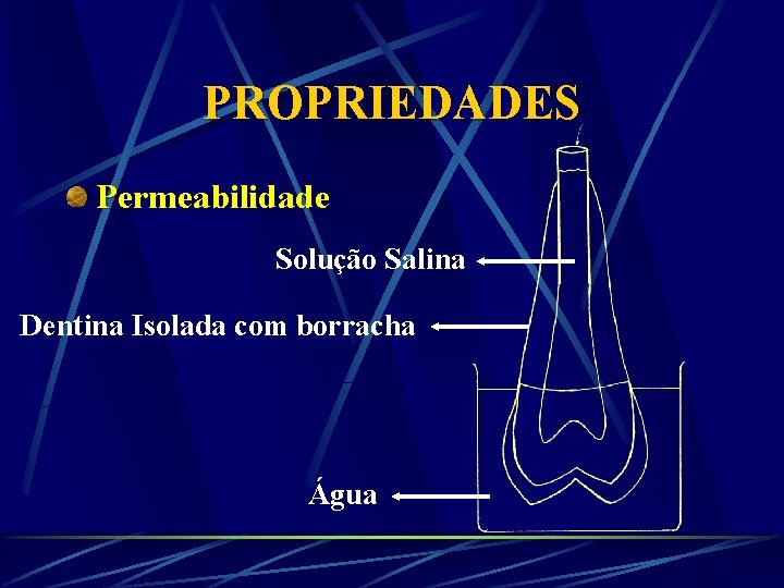 PROPRIEDADES Permeabilidade Solução Salina Dentina Isolada com borracha Água 