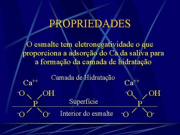 PROPRIEDADES O esmalte tem eletronegatividade o que proporciona a adsorção do Ca da saliva