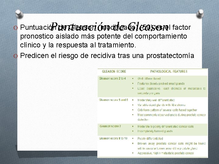 Puntuación de Gleason O Puntuación de Gleason (modificado) (50) es el factor pronostico aislado