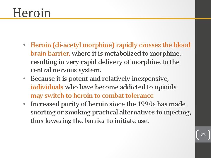 Heroin • Heroin (di-acetyl morphine) rapidly crosses the blood brain barrier, where it is