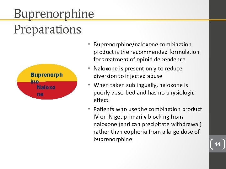 Buprenorphine Preparations Buprenorph ine Naloxo ne • Buprenorphine/naloxone combination product is the recommended formulation