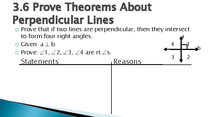 3. 6 Prove Theorems About Perpendicular Lines � � � Prove that if two