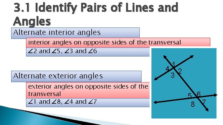 3. 1 Identify Pairs of Lines and Angles Alternate interior angles on opposite sides