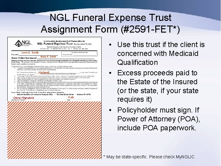 NGL Funeral Expense Trust Assignment Form (#2591 -FET*) John E. Smith Mary K. Smith