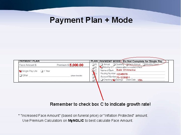 Payment Plan + Mode 5, 000. 00 X Bank Of America 12345678 70 -1238901