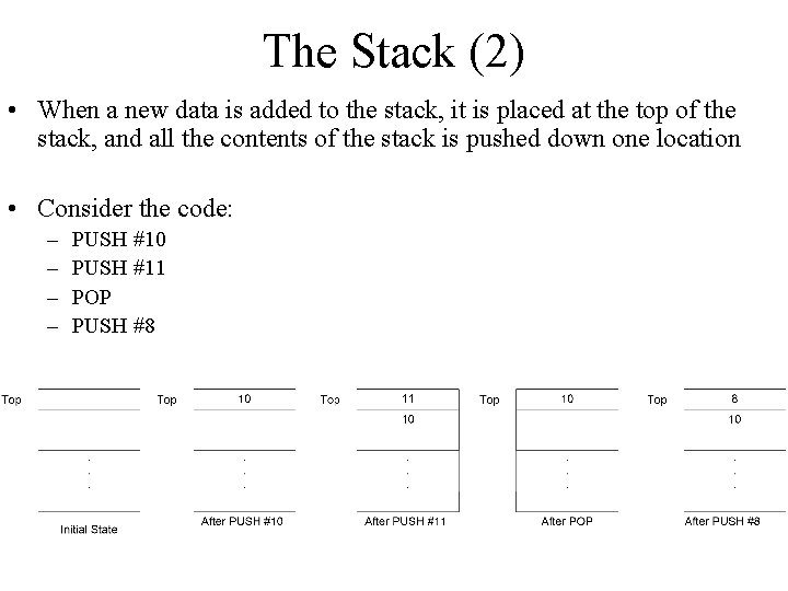 The Stack (2) • When a new data is added to the stack, it