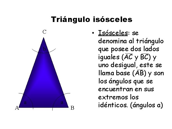 Triángulo isósceles C b A a a B • Isósceles: se denomina al triángulo
