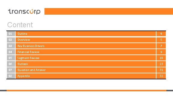 Content 01 Outline 4 02 Overview 5 03 Key Business Drivers 7 04 Financial