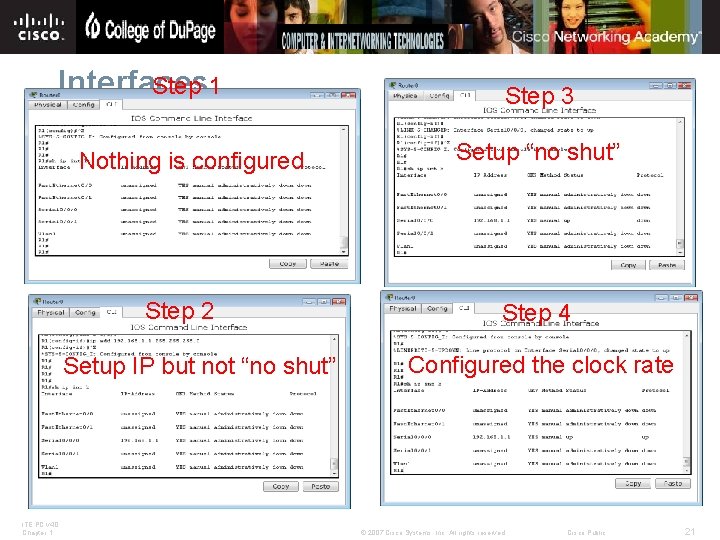 Interfaces Step 1 Nothing is configured Step 2 Setup IP but not “no shut”