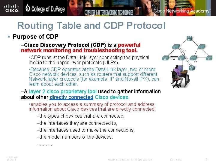 Routing Table and CDP Protocol § Purpose of CDP –Cisco Discovery Protocol (CDP) is