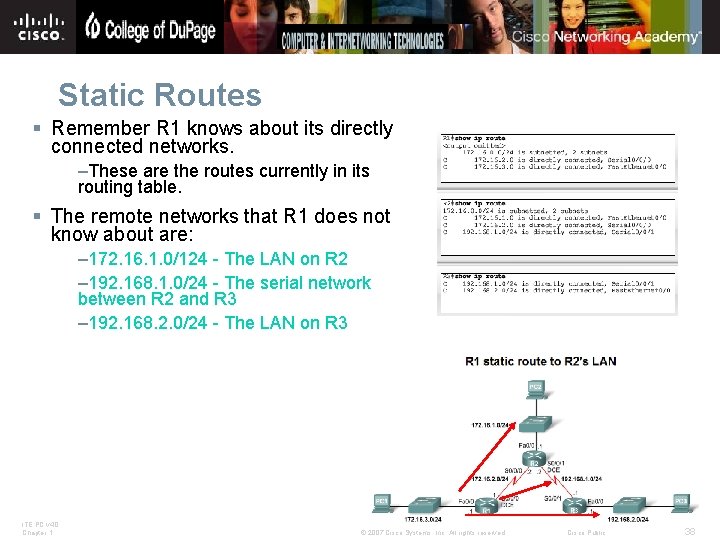 Static Routes § Remember R 1 knows about its directly connected networks. –These are