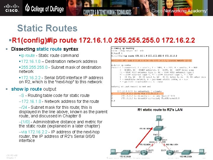 Static Routes §R 1(config)#ip route 172. 16. 1. 0 255. 0 172. 16. 2.