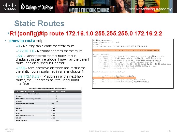 Static Routes §R 1(config)#ip route 172. 16. 1. 0 255. 0 172. 16. 2.