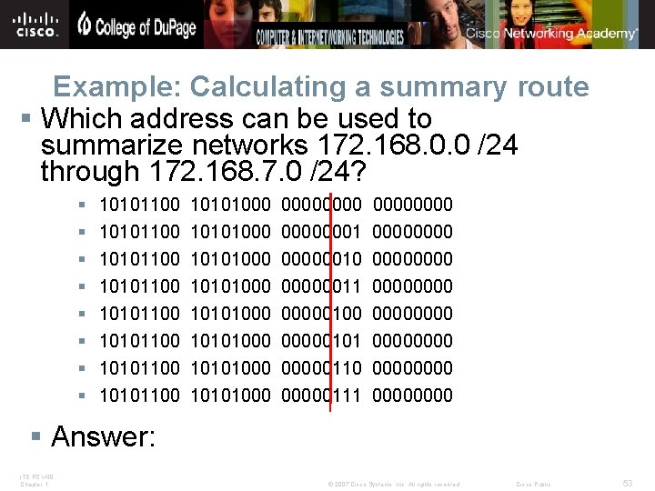 Example: Calculating a summary route § Which address can be used to summarize networks