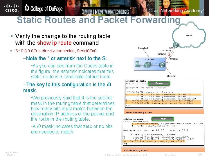 Static Routes and Packet Forwarding § Verify the change to the routing table with