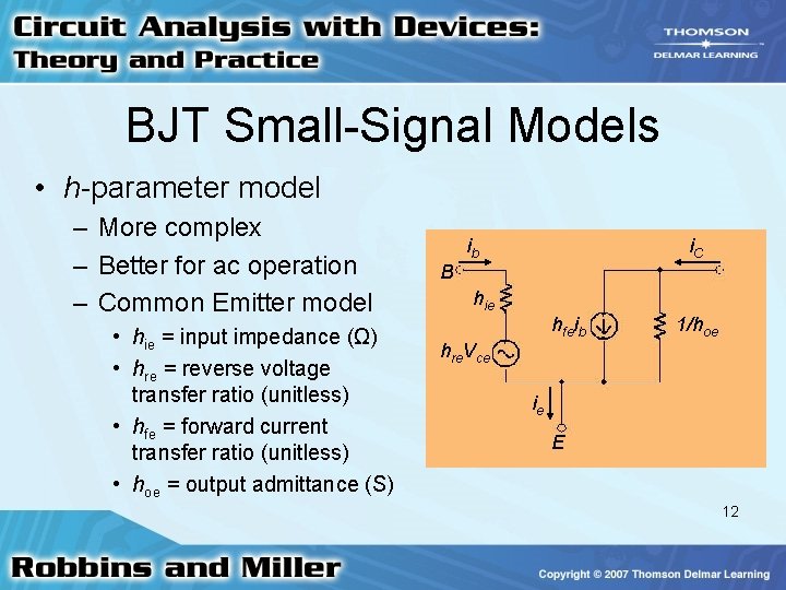 BJT Small-Signal Models • h-parameter model – More complex – Better for ac operation BJT Small-Signal Models • h-parameter model – More complex – Better for ac operation