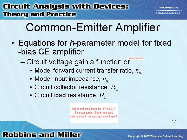 Common-Emitter Amplifier • Equations for h-parameter model for fixed -bias CE amplifier – Circuit Common-Emitter Amplifier • Equations for h-parameter model for fixed -bias CE amplifier – Circuit
