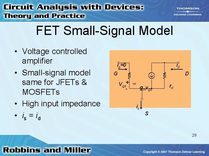 FET Small-Signal Model • Voltage controlled amplifier • Small-signal model same for JFETs & FET Small-Signal Model • Voltage controlled amplifier • Small-signal model same for JFETs &