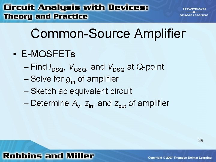 Common-Source Amplifier • E-MOSFETs – Find IDSQ, VGSQ, and VDSQ at Q-point – Solve Common-Source Amplifier • E-MOSFETs – Find IDSQ, VGSQ, and VDSQ at Q-point – Solve