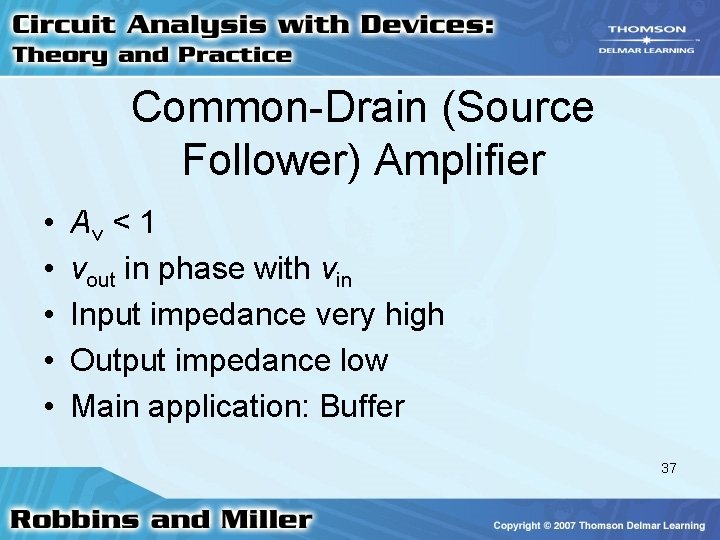 Common-Drain (Source Follower) Amplifier • • • Av < 1 vout in phase with Common-Drain (Source Follower) Amplifier • • • Av < 1 vout in phase with