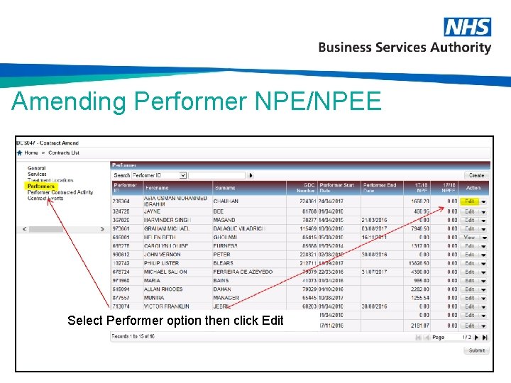 Amending Performer NPE/NPEE Select Performer option then click Edit 