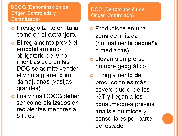  DOCG (Denominación de Origen Controlada y Garantizada) Prestigio tanto en Italia como en