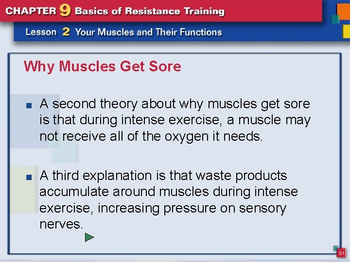 Why Muscles Get Sore A second theory about why muscles get sore is that