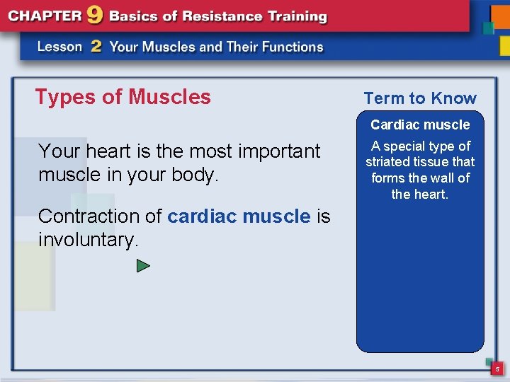 Types of Muscles Term to Know Cardiac muscle Your heart is the most important
