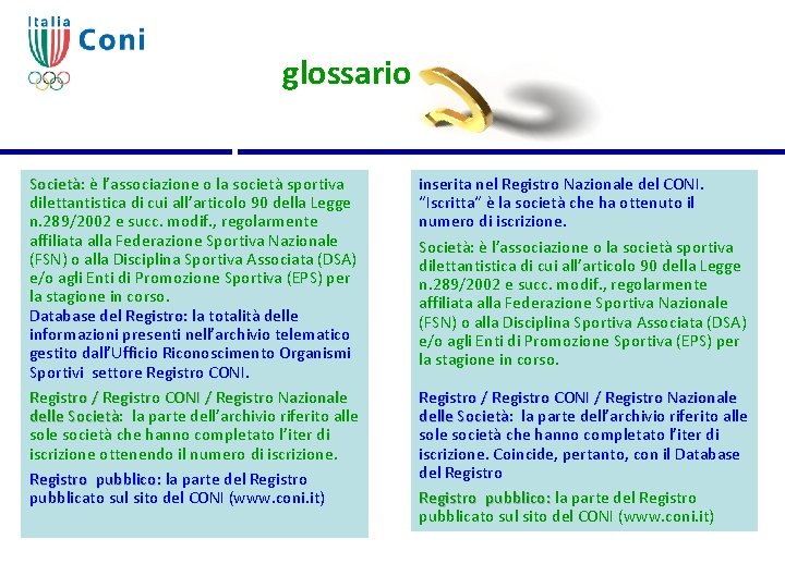 glossario Società: Società è l’associazione o la società sportiva dilettantistica di cui all’articolo 90