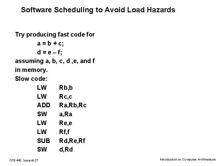Software Scheduling to Avoid Load Hazards Try producing fast code for a = b