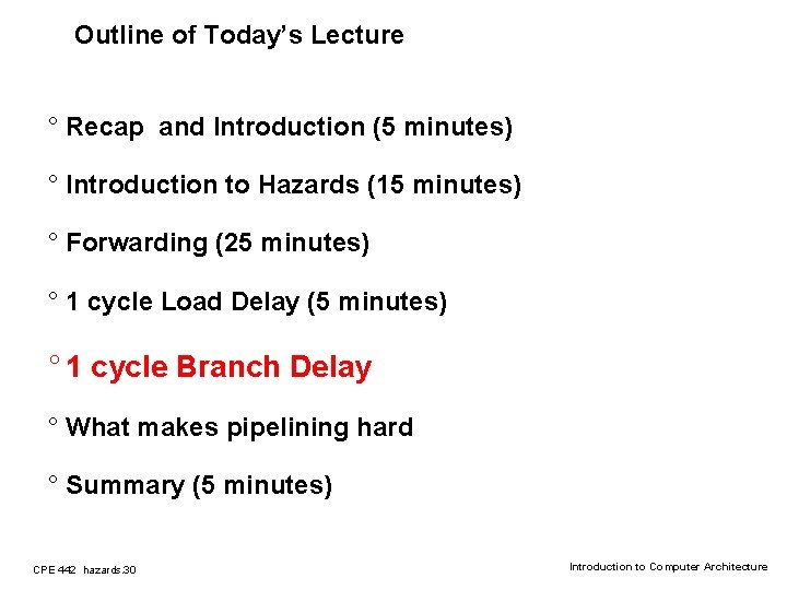 Outline of Today’s Lecture ° Recap and Introduction (5 minutes) ° Introduction to Hazards