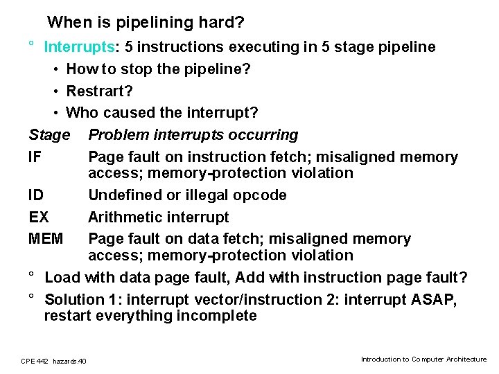 When is pipelining hard? ° Interrupts: 5 instructions executing in 5 stage pipeline •