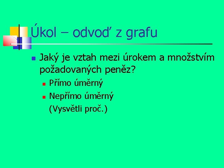 Úkol – odvoď z grafu Jaký je vztah mezi úrokem a množstvím požadovaných peněz?