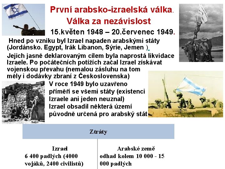  První arabsko-izraelská válka. Válka za nezávislost 15. květen 1948 – 20. červenec 1949.