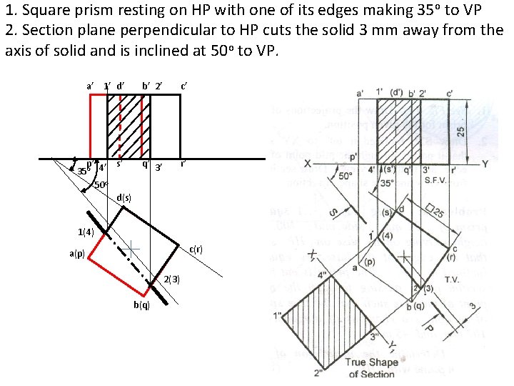 1. Square prism resting on HP with one of its edges making 35 o