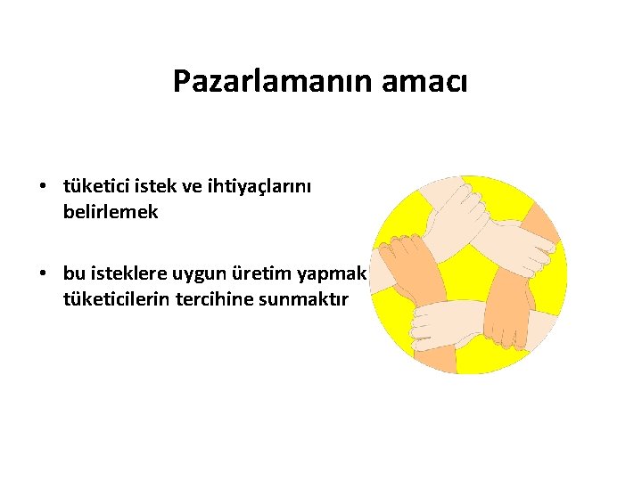 Pazarlamanın amacı • tüketici istek ve ihtiyaçlarını belirlemek • bu isteklere uygun üretim yapmak