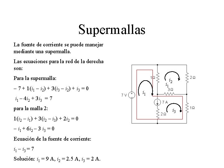 Supermallas La fuente de corriente se puede manejar mediante una supermalla. Las ecuaciones para