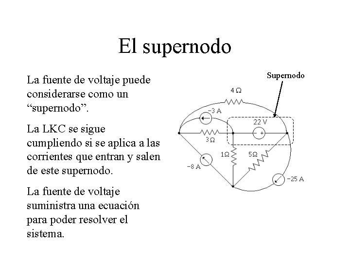 El supernodo La fuente de voltaje puede considerarse como un “supernodo”. La LKC se