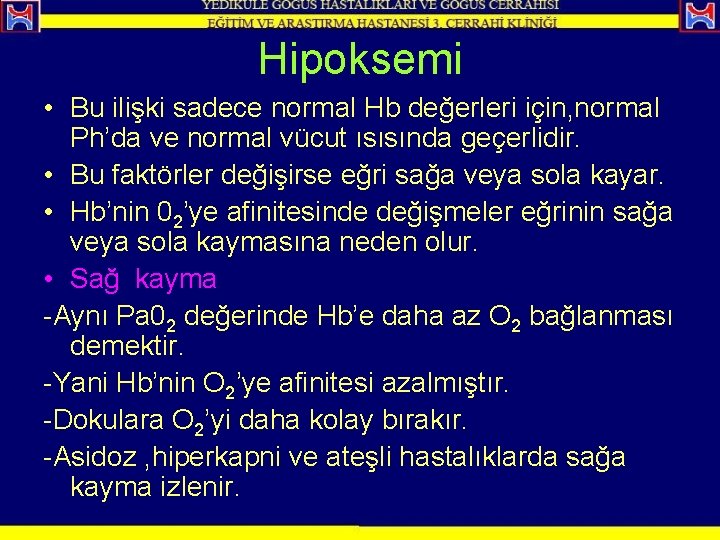 Hipoksemi • Bu ilişki sadece normal Hb değerleri için, normal Ph’da ve normal vücut