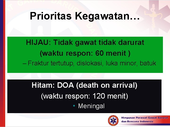 Prioritas Kegawatan… HIJAU: Tidak gawat tidak darurat (waktu respon: 60 menit ) – Fraktur