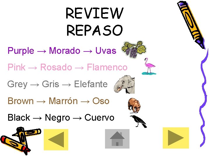 REVIEW REPASO Purple → Morado → Uvas Pink → Rosado → Flamenco Grey →