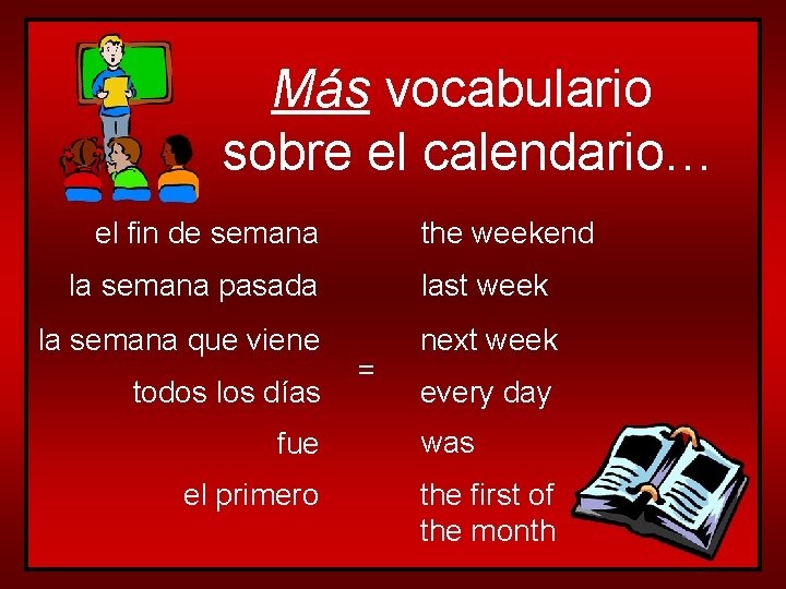 Más vocabulario sobre el calendario… el fin de semana the weekend la semana pasada