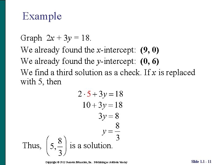 Example Graph 2 x + 3 y = 18. We already found the x-intercept: