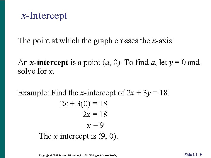 x-Intercept The point at which the graph crosses the x-axis. An x-intercept is a