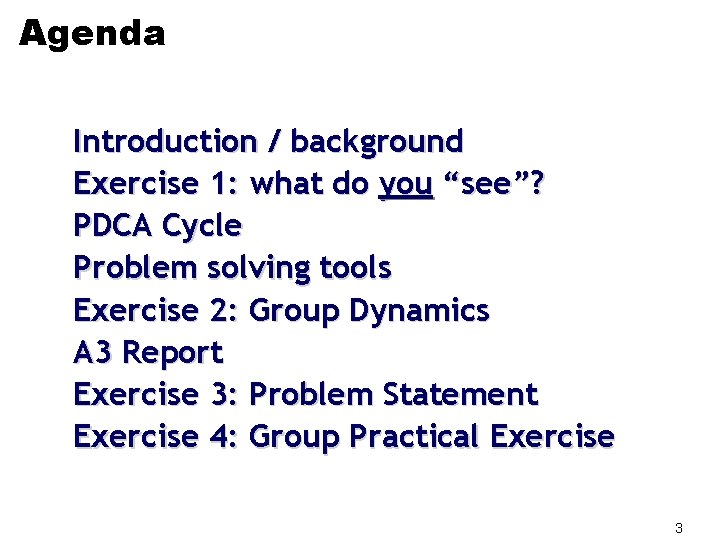 Agenda Introduction / background Exercise 1: what do you “see”? PDCA Cycle Problem solving