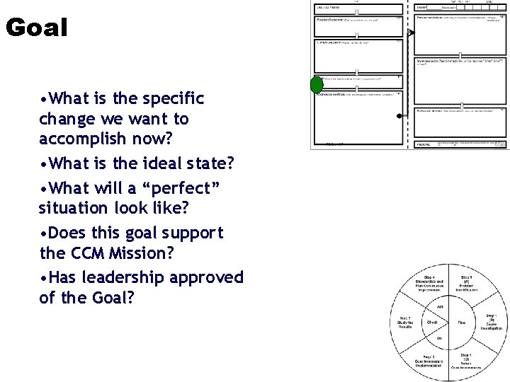 Goal • What is the specific change we want to accomplish now? • What