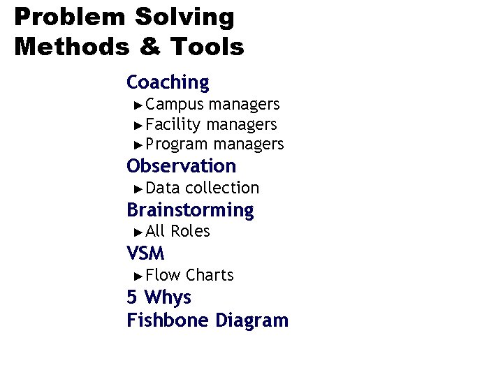 Problem Solving Methods & Tools Coaching ► Campus managers ► Facility managers ► Program